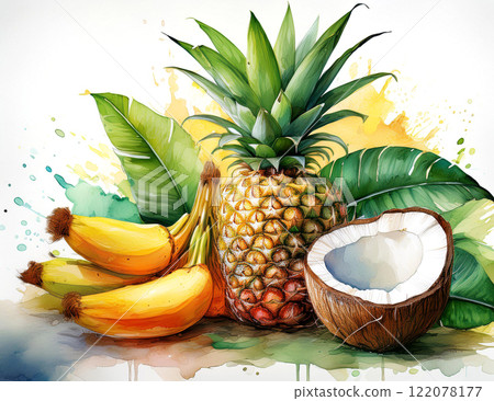 Tropical fruits: bananas, coconut, pineapple Tropical fruits: bananas, coconut, pineapple 122078177
