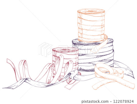 Silk ribbon lace bobbins spools. Hand drawn ink vector illustration sewing craft embroidery supplies. Composition isolated on white background. Design atelier, tailor, hobby shop, fashion boutique Silk ribbon lace bobbins spools. Hand drawn ink vector illustration sewing craft embroidery supplies. Composition isolated on white background. Design atelier, tailor, hobby shop, fashion boutique 122078924
