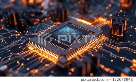 Close-up of a glowing microchip on a circuit board with orange and blue lights. 122078948