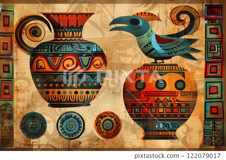Image of decorative pottery from the Maya and Aztec civilizations 122079017