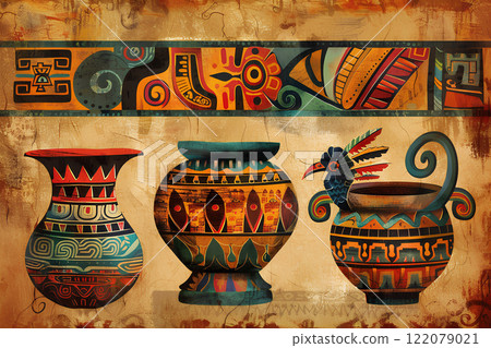 Image of decorative pottery from the Maya and Aztec civilizations 122079021
