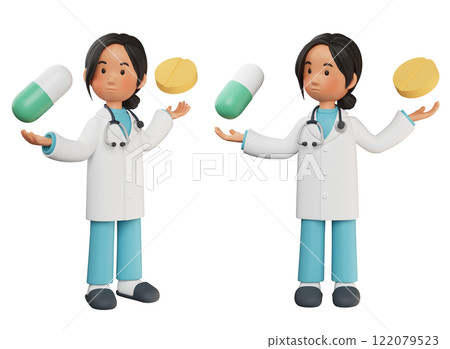 female doctor character with medicine in both hands 3D graphic 122079523