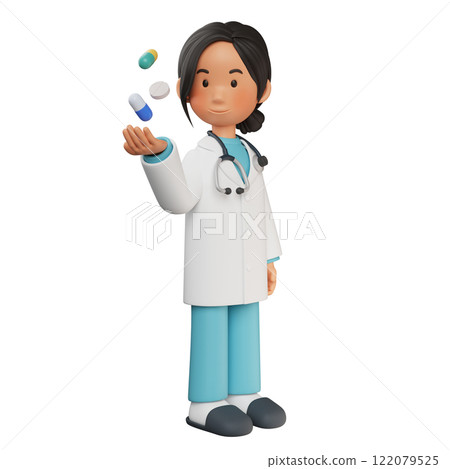 female doctor character holding medicine in one hand 3D graphic 122079525