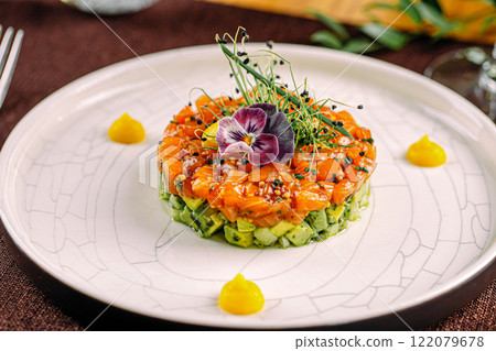 Portion of salmon tartare with chopped avocado Portion of salmon tartare with chopped avocado 122079678