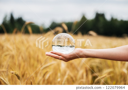 Female hand holding clear crystal ball with nature reflecting in it Female hand holding clear crystal ball with nature reflecting in it 122079964