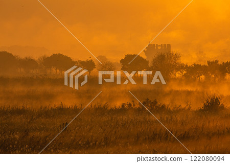 [Tochigi Prefecture_Watarase Reservoir] Sunrise over the reservoir with morning mist 122080094