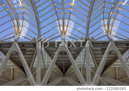 Large industrial window with deep blue sky as background Large industrial window with deep blue sky as background 122080265