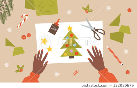 Paper Christmas tree. African Girl create Holiday craft card. Top view on workplace. DIY New year handmade decorations. Vector illustration in flat cartoon style 122080679