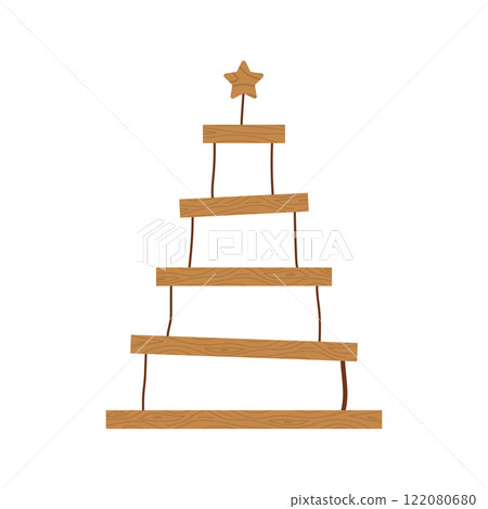 Rustic wooden Christmas Tree. Christmas tree made of wooden shelves. Eco friendly holiday ornaments. Plastic free concept. Vector illustration in flat cartoon style 122080680