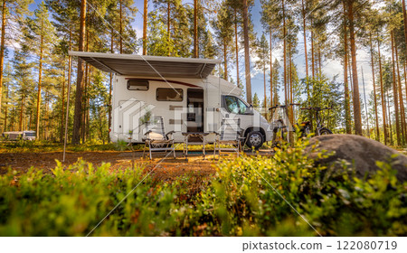 Family vacation travel RV, holiday trip in motorhome, Caravan car Vacation. 122080719