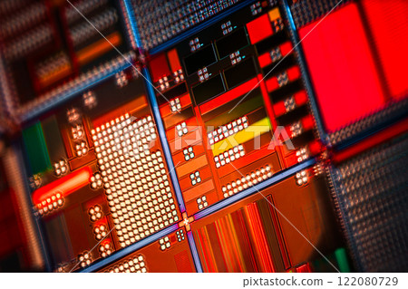 Silicon semiconductor wafer close-up. In electronics, a wafer also called a slice or substrate is a thin slice of semiconductor, a crystalline silicon, used for the fabrication of integrated circuits Silicon semiconductor wafer close-up. In electronics, a wafer also called a slice or substrate is a thin slice of semiconductor, a crystalline silicon, used for the fabrication of integrated circuits 122080729