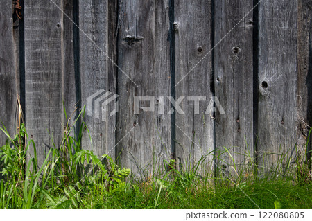 Green grass on the background of a vertical wooden wall made of old boards. Background for the presentation. Green grass on the background of a vertical wooden wall made of old boards. Background for the presentation. 122080805