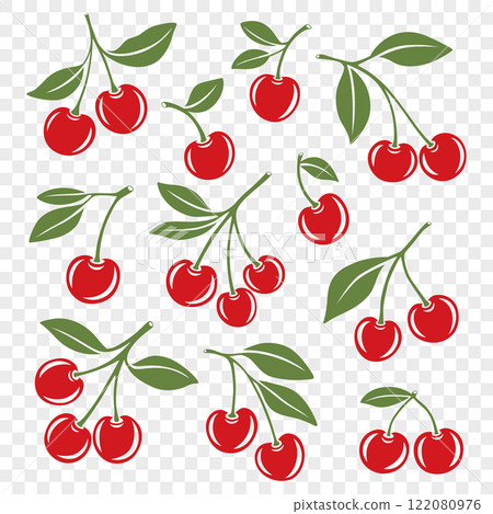 Cute Cartoon Silhouette Cutout Cherry Icon Set. Single, Pair of Cherries and Cluster of Cherries with Leaves Clipart. Cherry Art, Design Template, Vector Illustration Cute Cartoon Silhouette Cutout Cherry Icon Set. Single, Pair of Cherries and Cluster of Cherries with Leaves Clipart. Cherry Art, Design Template, Vector Illustration 122080976