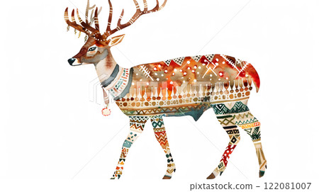 Boho Christmas deer clipart with tribal-patterned 122081007