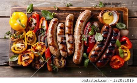 Grilled food, Platter of grilled sausages with mustard Grilled food, Platter of grilled sausages with mustard 122081019