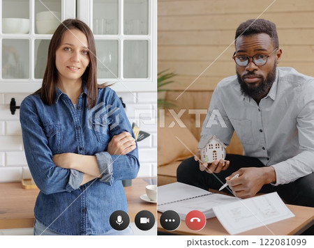 video chat on smartphone or laptop screen. video call between two people, conference to resolve work 122081099