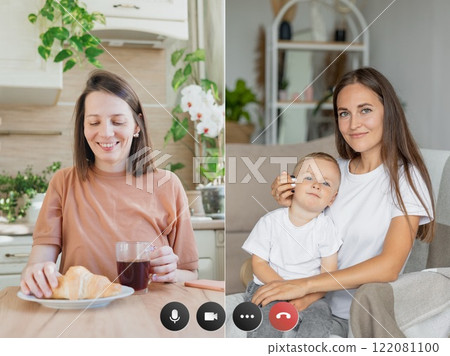 video chat on smartphone or laptop screen. video call between two people, conference to resolve work 122081100