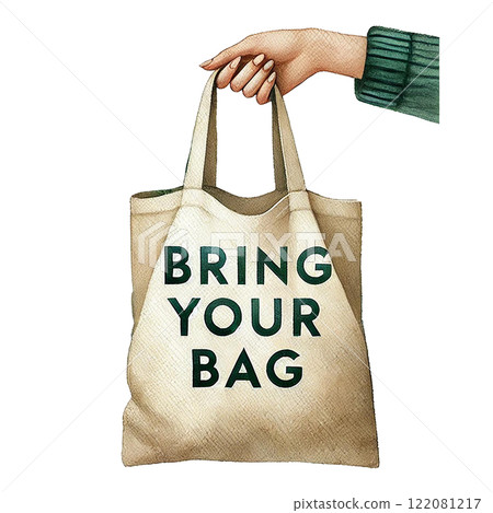 A hand holding a reusable shopping bag promoting sustainability. Eco-Friendly concept 122081217