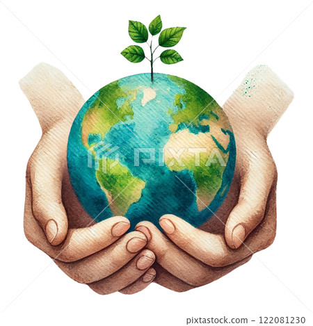 Hands holding a globe with a growing plant symbolizing care. Eco-Friendly concept 122081230