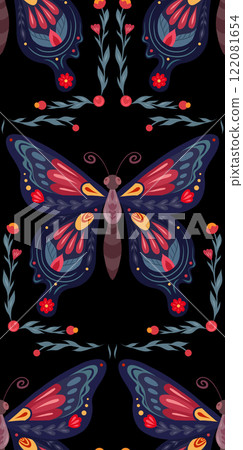 Vector folk art seamless pattern with tracery butterfly on black background. Decorative texture with flying insect with floral ornament 122081654