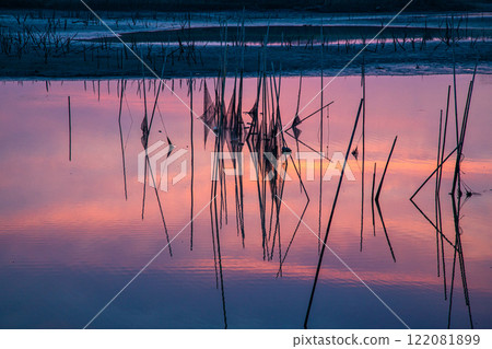 [Tochigi Prefecture_Watarase Reservoir] The Watarase River in early spring, with wooden boats floating 122081899