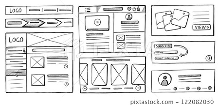 Website sketch. Hand drawn wireframe UI UX nuttins mockup of web page layout, UI elements and buttons, UX wireframed design prototype. Vector isolated set 122082030