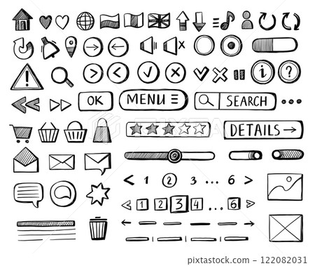 Wireframe buttons sketch. Hand drawn web app UI UX interface wireframed elements, website user interface mockup icons for web page application. Vector isolated set 122082031