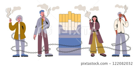 Cigarette addiction concept. Man smoker holding cigarette, stop smoking anti tobacco banner, tobacco addicted characters. Vector smokers illustration Cigarette addiction concept. Man smoker holding cigarette, stop smoking anti tobacco banner, tobacco addicted characters. Vector smokers illustration 122082032