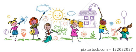 Kids painting wall. Cartoon children characters drawing sketching coloring with pencils and brushes, creative childhood activities. Vector illustration 122082057