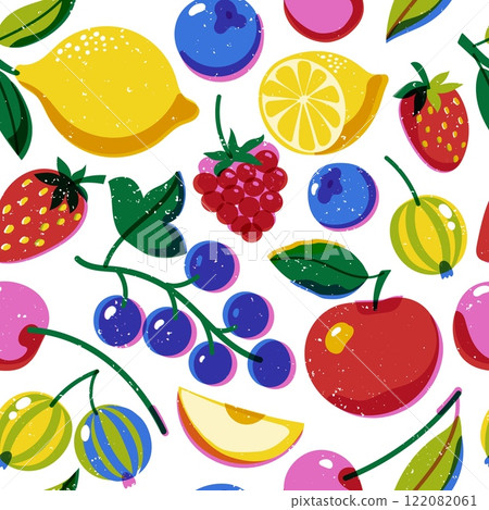 Risograph fruit pattern. Seamless print of tropical exotic fruits, retro riso print of apple berry cherry lemon. Vector texture 122082061