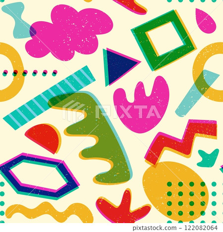 Geometric shapes risograph seamless pattern. Abstract riso print background with colorful 80s 90s style elements, retro vintage texture. Vector wallpaper Geometric shapes risograph seamless pattern. Abstract riso print background with colorful 80s 90s style elements, retro vintage texture. Vector wallpaper 122082064