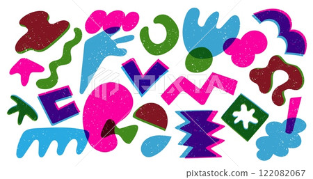 Abstract risograph shapes. Colorful random doodle geometric figures, modern childish riso graphic elements different textures. Vector isolated set Abstract risograph shapes. Colorful random doodle geometric figures, modern childish riso graphic elements different textures. Vector isolated set 122082067