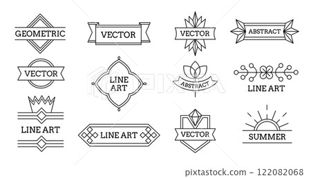 Minimal geometric line emblems. Simple abstract monochrome badges and minimalist vintage decorative elements, classic minimalist icons. Vector set 122082068