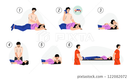 CPR aid. Medical cardiopulmonary resuscitation process, first help save life medics infographic, chest compression emergency medicine procedure. Vector illustration 122082072