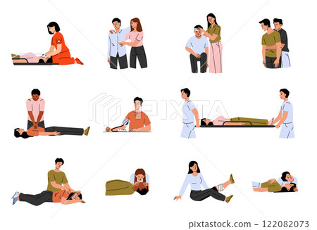 First aid procedures. Medical CPR emergency help, person training rescue medics techniques, medicinal respiration heart massage, wound medical treatment. Vector cartoon set First aid procedures. Medical CPR emergency help, person training rescue medics techniques, medicinal respiration heart massage, wound medical treatment. Vector cartoon set 122082073