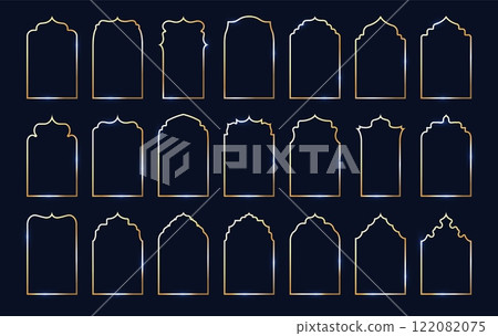 Golden Indian frame. Goldwork luxury decorative goldish borders, golden arabesque oriental gild patterns, elegant islamic window and door shapes collection. Vector set 122082075