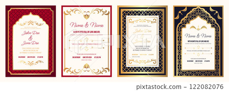 Indian wedding invitation. Creative save the date wedding-related card with weddable decorative elements, luxury anniversary weddings celebration flyer poster. Vector set 122082076