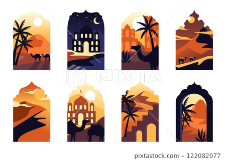 Islamic frame landscape. Modern arabic background with Islam mosque dome and minaret, Islamist oriental architecture boho landscape. Vector illustration Islamic frame landscape. Modern arabic background with Islam mosque dome and minaret, Islamist oriental architecture boho landscape. Vector illustration 122082077