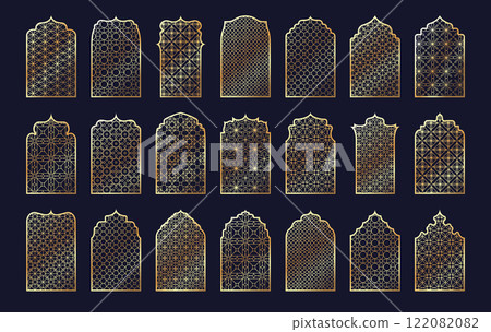 Arabian ornamental window arches. Traditional islamic arch frames with arabesque geometric archway patterns, oriental mosque architecture arched silhouette. Vector collection Arabian ornamental window arches. Traditional islamic arch frames with arabesque geometric archway patterns, oriental mosque architecture arched silhouette. Vector collection 122082082