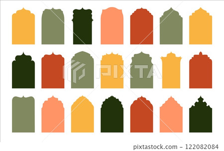 Islamic door silhouette. Oriental arabic mosque window frames, abstract islam arabian boho arch geometric shapes with arabesque decoration. Vector collection 122082084