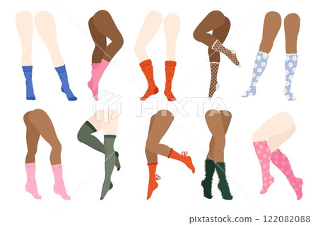 Legs in socks. Woman feet in yarn sock, fashionable warm cotton hosiery, girl legs in trendy winter socklets. Vector colorful sock set Legs in socks. Woman feet in yarn sock, fashionable warm cotton hosiery, girl legs in trendy winter socklets. Vector colorful sock set 122082088