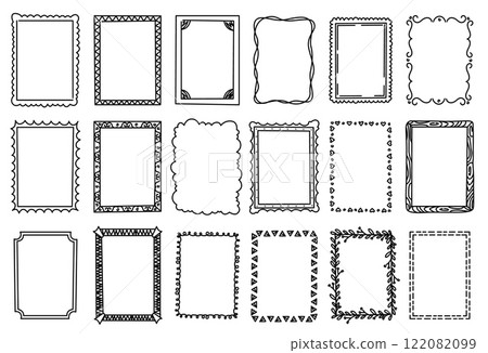 Line doodle frames. Simple sketch borders for text, hand drawn vintage vignettes and corners, cute rustic pencil scribble design elements. Vector set 122082099