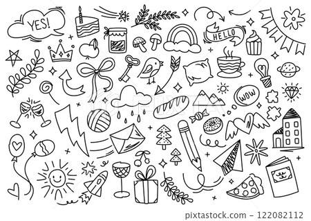 Cute kid doodle. Childish abstract elements and funny characters, hand drawn baby scribble icons. Vector childish elements isolated collection 122082112