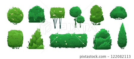 Shaped garden bushes. Cartoon green hedge shrub, ornamental park plant border, landscape decorative flora elements. Vector isolated set 122082113