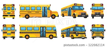 Yellow school bus. Cartoon city transport vehicle, different angle view of urban excursion bus, school transportation flat style. Vector isolated set Yellow school bus. Cartoon city transport vehicle, different angle view of urban excursion bus, school transportation flat style. Vector isolated set 122082114