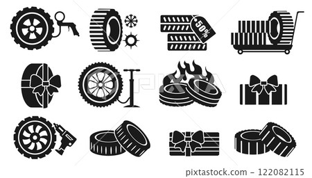 Car tires black icons. Wheel disk with rubber pressure gauge and mechanic tools, automobile tire repair service flat icons. Vector isolated set Car tires black icons. Wheel disk with rubber pressure gauge and mechanic tools, automobile tire repair service flat icons. Vector isolated set 122082115