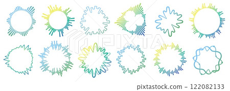 Music circle sound wave. Audio signal circular waveforms, voice and music spectrum round shapes, sound effect elements. Vector isolated set 122082133