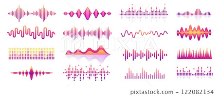 Sound waves. Audio music rhythm wave pulse, voice signal level bar, song waveform graphic icons. Vector volume noise beat waveforms isolated set 122082134
