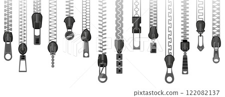 Zipper lock. Open and closed textile fastener with pull tab, sewing tailoring clothing accessories, fashion elements for apparel design. Vector isolated set Zipper lock. Open and closed textile fastener with pull tab, sewing tailoring clothing accessories, fashion elements for apparel design. Vector isolated set 122082137