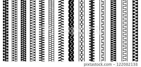 Zippers set. Seamless patterns with zipper teeth, doodle sewing fastener icons, cartoon black elements for clothing design. Vector isolated collection 122082138